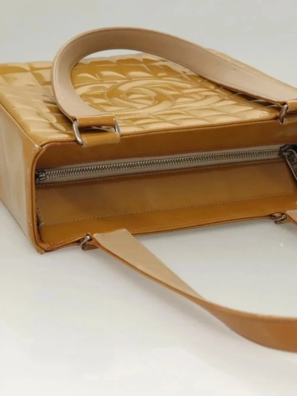 CHANEL Choco Bar Hand Bag Patent Leather Yellow Silver CC Auth mr1387